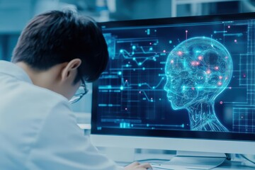 Poster - Focused Man Analyzing Computer Screen Displaying Detailed Brain Scan in a Dimly Lit Room with a Calm and Thoughtful Atmosphere for Medical Research