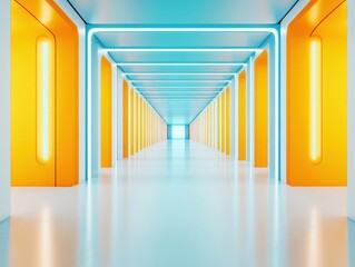 Poster - Vibrant Long Corridor Showcasing Bright Yellow and Blue Walls Creating a Playful and Energetic Atmosphere for a Unique Architectural Experience