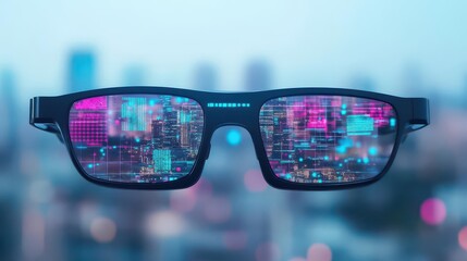Poster - A futuristic depiction of augmented reality glasses overlaying vibrant digital information on a cityscape