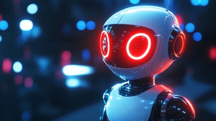 Close-up of a small, adorable AI robot with red and blue light effects illuminating its body, set against a dark, moody background.