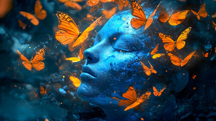 Poster - Ethereal Woman Surrounded by Vibrant Orange Butterflies in a Dreamlike Blue Atmosphere with an Artistic and Surreal Touch