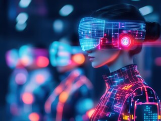 Aufkleber - A Woman Engrossed in a Digital World Wearing Virtual Glasses in a Modern Environment Showcasing Innovation and Future Technology with Vibrant Colors