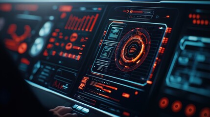 Poster - A futuristic control panel featuring glowing red displays, data graphs, and intricate digital interfaces.