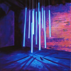 Wall Mural - neon tubes illuminate urban loft; abstract art