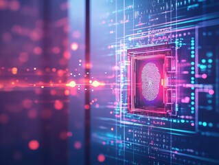 Poster - a glowing fingerprint scanner unlocking a digital vault, futuristic tones, and dynamic lighting