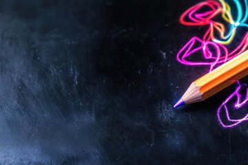 Poster - Artistic Display of a Standard Pencil and a Vibrant Rainbow Colored Pencil on a Smooth Black Surface Featuring a Creative and Playful Artistic Vibe