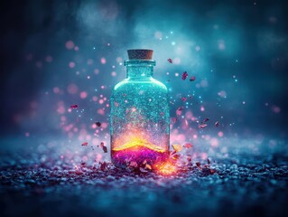 Aufkleber - A Vibrant Butterfly Fluttering Around a Colorful Bottle Filled with Liquid in a Sunlit Natural Setting Evoking Joy and Wonder in a Playful Atmosphere