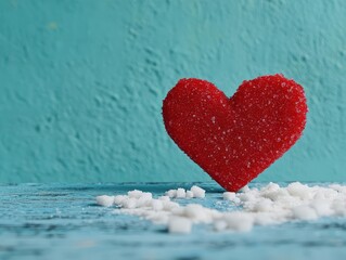 Poster - Bright Red Heart Shaped Sugar Confection on Vibrant Blue Background Creating a Playful and Whimsical Atmosphere Perfect for Sweet Celebrations