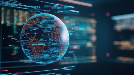 Poster - A holographic globe with floating code streams orbiting it, representing global cybersecurity
