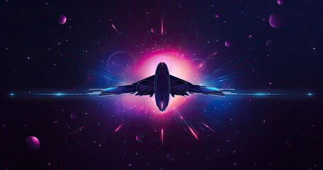 Wall Mural - A stylized spacecraft traveling through a vibrant cosmic scene with colorful celestial elements.