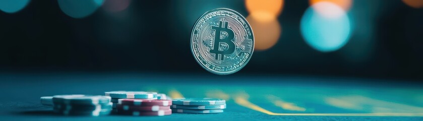 Aufkleber - A Golden Bitcoin Tumbling from a Towering Stack of Coins Symbolizing Wealth and Investment Opportunities in a Dynamic Economic Landscape