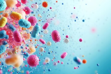 Poster - Vibrant Collection of Colorful Candies Arranged on a Bright Blue Background Showcasing a Playful and Cheerful Atmosphere Perfect for Sweet Treats