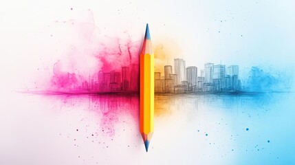 Poster - Artistic Perspective of a Pencil in Foreground with Urban City Skyline in Background Capturing Creative Inspiration and Modern Architecture Vibe