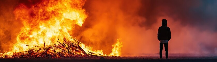 Poster - Individual Standing Resolutely in Front of a Fiery Blaze Illuminating the Night Sky Creating an Intense and Powerful Atmosphere of Heat and Light