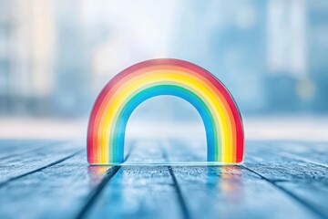 Fototapete - Colorful Rainbow Shaped Object Resting on Rustic Wooden Table Surrounded by Natural Light Creating a Playful and Whimsical Atmosphere of Joy