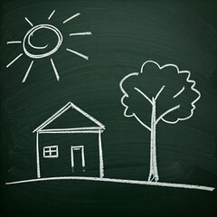 A chalkboard with a simple drawing of a house, tree, and sun in white chalk.