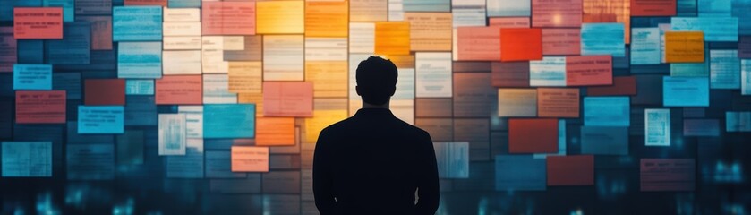 Poster - A Silhouetted Man Reflects on Creativity Standing Before a Vibrant Wall of Colorful Papers Evoking Imagination and Inspiration in Artistic Expression