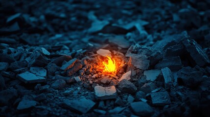 Poster - Flickering Flames Emerge from Ashen Debris Creating a Stark Contrast Against the Chaotic Rubble Evoking Resilience and Hope in Desolation