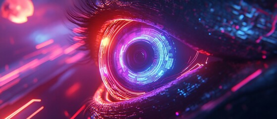 Wall Mural - Futuristic eye, neon glow, digital art, cyberpunk background