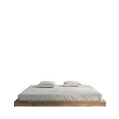 Aufkleber - A minimalist wooden platform bed with crisp white linens and pillows is shown against a black background.