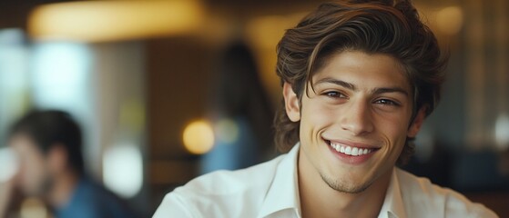 Poster - Happy young man smiling in cafe. Blurred background. Stock photo