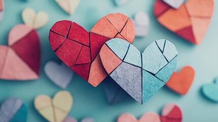 Poster - Two Hearts Broken Apart Symbolizing Loss and Heartbreak with Fragments of Paper Representing Emotional Pain and the Journey of Healing and Recovery