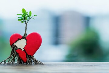 Poster - Magnificent Heart Shaped Tree with Roots Extending Outwards Symbolizing Love and Strength in a Lush Green Landscape Under a Bright Blue Sky