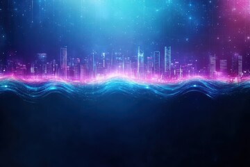Poster - Vibrant City Skyline Illuminated by Neon Lights at Night with Gentle Ocean Waves Lapping Against the Shore in a Dynamic Urban Coastal Scene