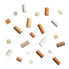 Aufkleber - An assortment of wine corks in various shapes and colors are scattered against a transparent background.