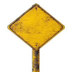 Poster - An old, rusty, yellow diamond-shaped road sign is mounted on a weathered pole against a transparent background.