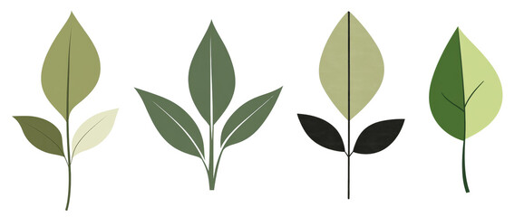 Poster - The image depicts four simplified illustrations of leaves in varying shades of green and one with black leaves, each with a slender stem.