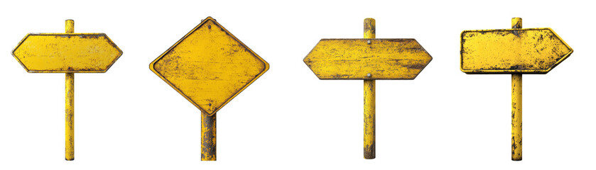 Poster - A collection of four aged yellow signs with various shapes suitable for directional or warning messaging.