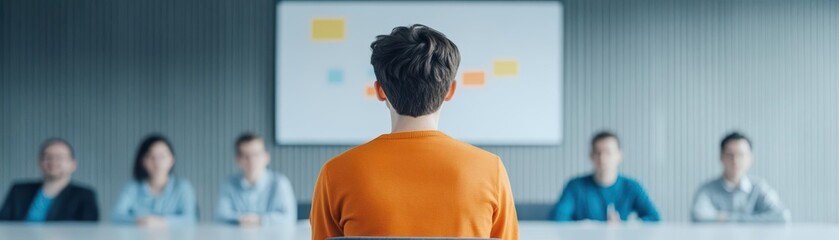 Poster - A Thoughtful Woman Seated Before an Engaged Audience in a Brightly Lit Room Capturing the Essence of Learning and Connection in a Dynamic Setting