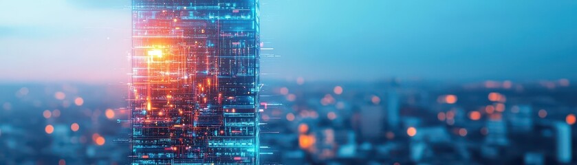 Poster - AI robots building a futuristic skyscraper, glowing cityscape, twilight atmosphere