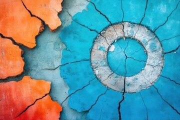 Poster - Vibrant Blue and Orange Wall with Circular Opening Creating a Unique Architectural Detail Evoking Curiosity and Artistic Expression in Urban Setting