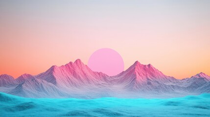 Poster - Breathtaking Pink Sunset Casting Soft Hues Over Majestic Mountain Peaks Creating an Enchanting Atmosphere for Nature Lovers and Photographers Alike