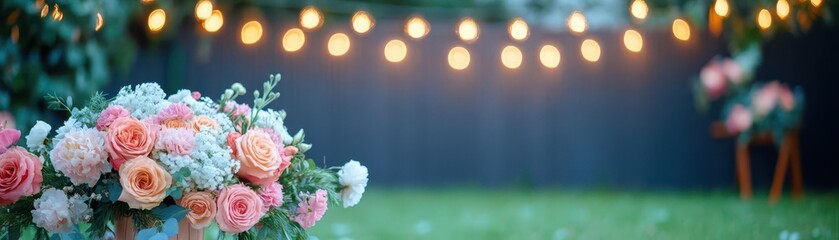 Aufkleber - Elegant wedding setup in an outdoor garden with string lights and floral arrangements, romantic tone