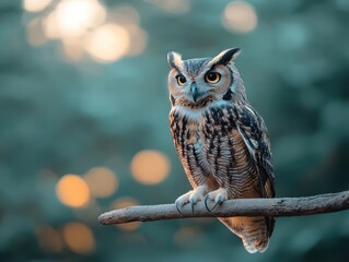 Aufkleber - Small Owl Perched Gracefully on Branch Surrounded by Lush Green Leaves in a Tranquil Forest Setting Evoking a Sense of Peace and Natural Beauty