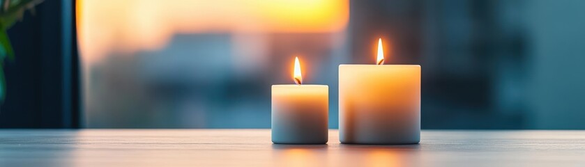 Fototapete - Two Elegant White Candles Illuminating a Cozy Table Setting Creating a Warm and Inviting Atmosphere Perfect for Intimate Gatherings and Relaxation