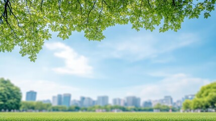Poster - Tranquil Park Scene Featuring Lush Green Grass and Towering Trees Under a Bright Blue Sky Inviting Peaceful Outdoor Leisure and Natural Beauty