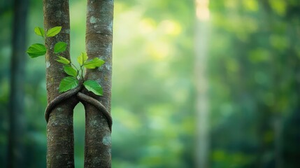 Two intertwined tree trunks growing together in a dense forest, natural and symbolic, side view