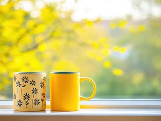 Aufkleber - Two Vibrant Yellow Mugs Resting on a Sunlit Windowsill Surrounded by Soft Natural Light Creating a Cozy and Inviting Atmosphere Perfect for Tea