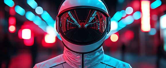 Poster - Astronaut in neon-lit city at night.
