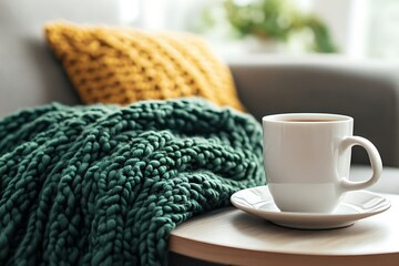 Poster - Cozy Living Room Scene with Knitted Blanket and Coffee