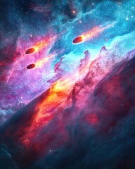 Poster - Comets traversing a nebula outer space digital art cosmic environment vibrant viewpoint celestial beauty
