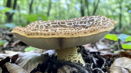Poster - A close-up of a mushroom growing in a forest, capturing its earthy texture and the surrounding natural elements like leaves and soil.