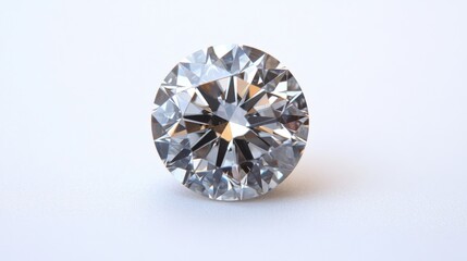 Poster - A close-up of a single sparkling diamond resting on a pristine white background, showcasing its brilliant cut and facets reflecting light.