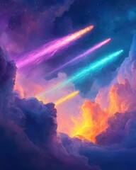 Poster - Comets passing through a nebula cosmic scene digital art colorful clouds space view celestial concept
