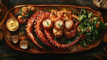 Wall Mural - A delicious seafood platter from above, featuring grilled prawns, octopus, and scallops, served with garlic butter and fresh greens on the side.