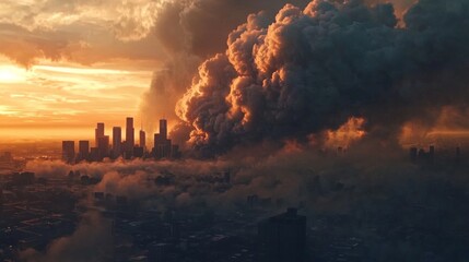 Poster - A dense cloud of smoke rolling over a city skyline at dusk, symbolizing urban pollution and industrial impact.
